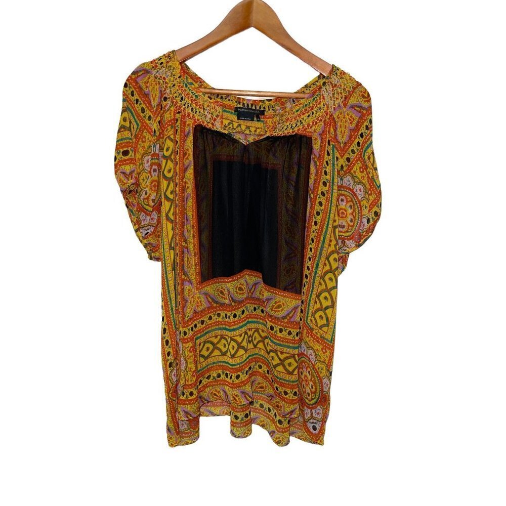 BCBGMaxazaria Floral Sheer Smocked Blouse Boho Short Sleeve Women's Size XL